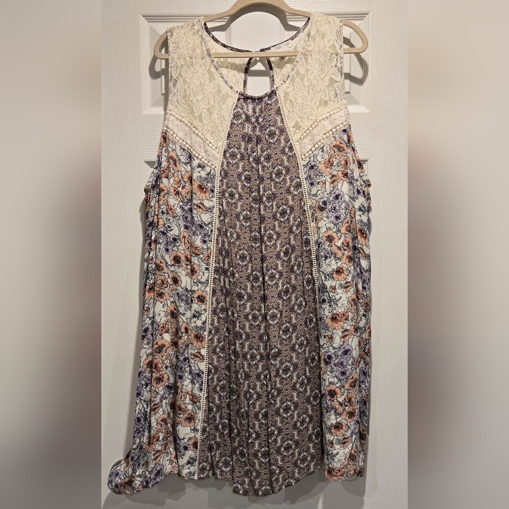 Floral Lace Yoke Mini Dress in Cream and Multi